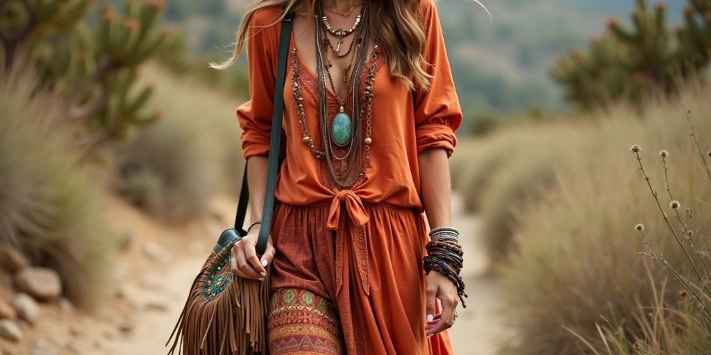 Roupa boho chic com vestido longo e acessórios variados.