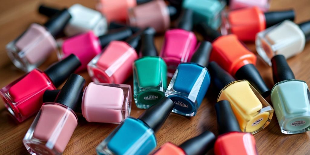 Frascos de esmalte coloridos sobre uma superfície de madeira.