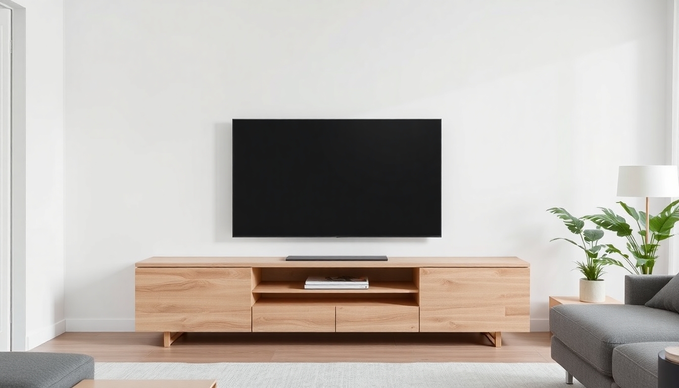 Rake Minimalista em madeira com tv suspensa