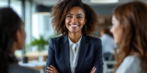 Mulher confiante em ambiente profissional, discutindo com colegas.