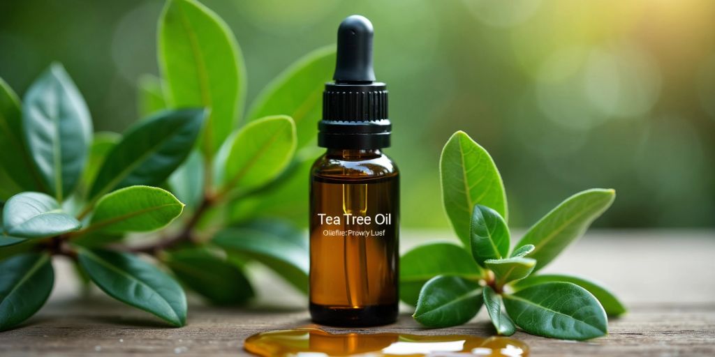 Frasco de óleo de melaleuca com folhas frescas.