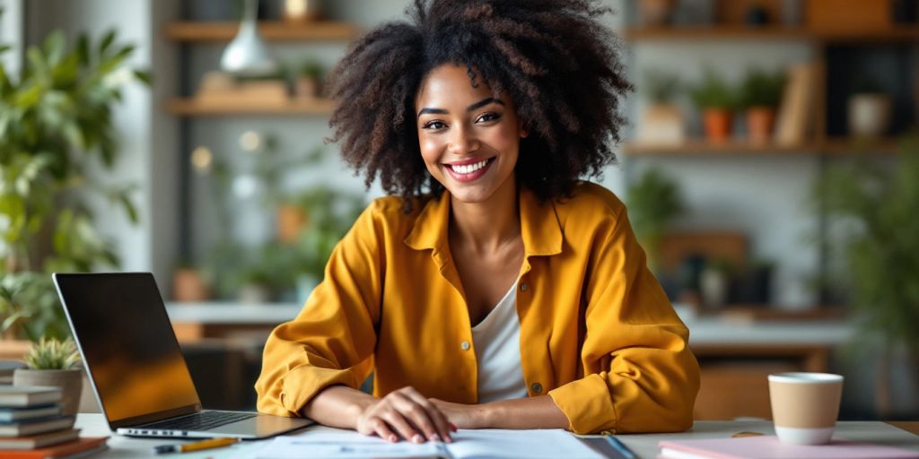 Mulher confiante em ambiente de escritório moderno.
