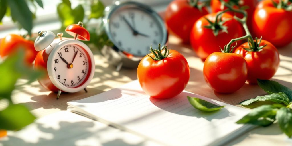 Espaço de trabalho com tomate e cronômetro.